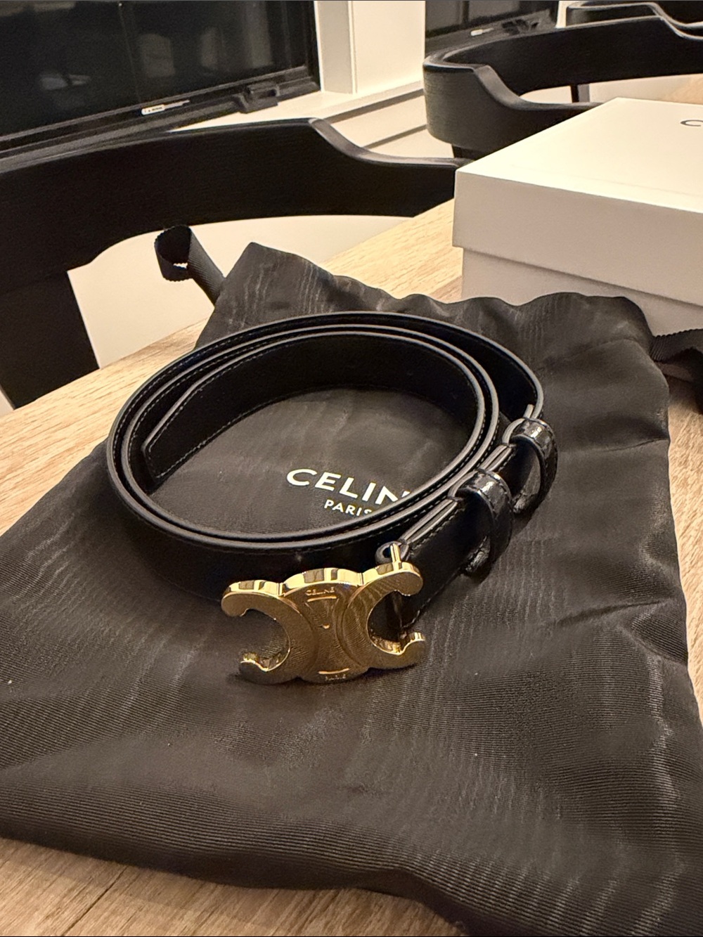 Celine medium 25 mm black taurillon Leather belt with Gold Buckle size 90